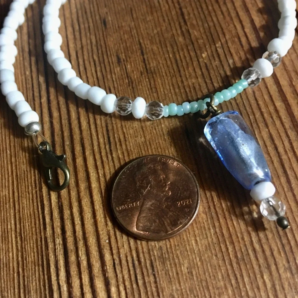 Blue and White Beaded Ladies Beach Necklace,  Handmade Ladies Beaded Necklace - Picture 3 of 5